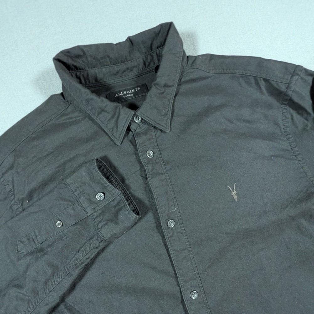 All Saints Button Down Shirt Mens XL Black Long Sleeve Ramskull Logo